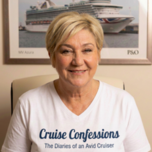 Jan Diagala smiling, in a white Cruise Confessions t-shirt, a framed print of Azura on the wall behind her.